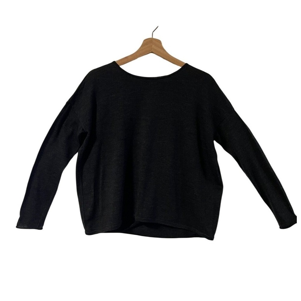 Eileen Fisher Womens Charcoal Gray 100% Merino Wool Open Tulip Back Sweater PS